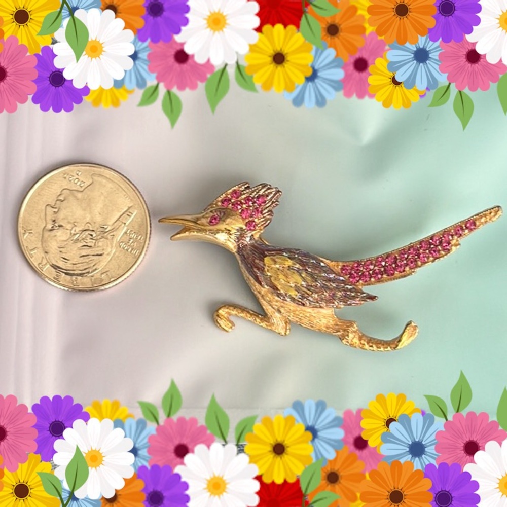 Gold Tone Roadrunner Brooch Ruby Colored Stones - image 2